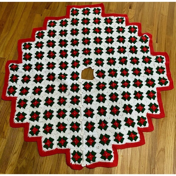 Handmade Other - Vintage Crochet Christmas Tree Skirt Granny Squares Handmade 51” Red Green